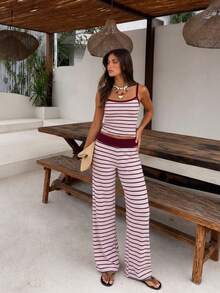 Siren Gaze Summer Women's Light Pink Checkered Two Pieces Set, Square Neck Camisole High Waist Wide Leg Pants, Y2K Casual Coastal Hot Girl Style Beach Travel - Pink - View 12