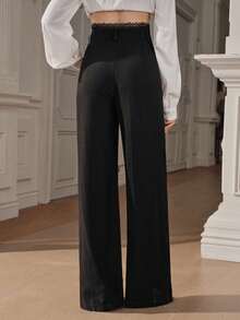 Anewsta Pantalones de traje negro de mujer de cintura alta con volantes, versátiles, casuales y de lino para vacaciones de verano - Negro - Ver 2