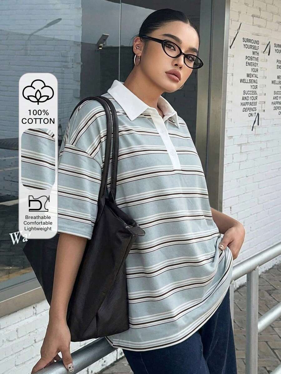 Dazy Plus 寬鬆街頭風拼色條紋 Polo 領長袖大尺碼女款 T 恤,秋季圖案印花校園風上衣 - 藍色 - 查看 1