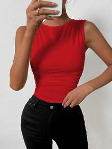 Allurite Women's Solid Color Round Neck Pleated Tank Top For New Year Clothes - Red - View 5