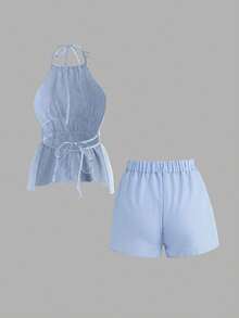 Selianne Blue Striped Halter Neck Peplum Top With Ruffle Hem And Matching Mini Shorts For Women Casual Two-Piece Set - Blue - View 2
