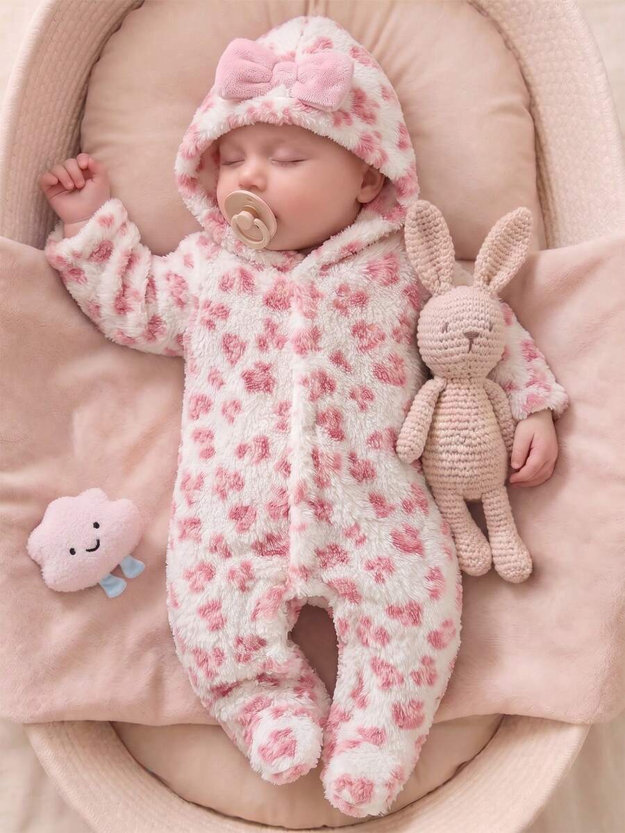 SHEIN 新生兒嬰兒連帽連身衣 可愛白色豹紋舒適親膚爬行服 冬季女嬰款 - 粉色 - 查看 1