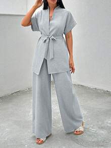 EURMUSE Tall 高个女式休闲灰色纯色短袖系带和服式上衣和长裤两件套舒适套装 - 灰色 - 查看 6