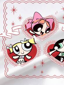 THE POWERPUFF GIRLS X SHEIN 女嬰卡通圖案條紋印花撞色圓領短袖上衣 - 白色 - 查看 6