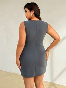 Auralis Plus Size Women's Solid Color Round Neck Ruched Fitted Tank Dress Casual Sexy Elegant Office Mother Of The Bride Wedding Black Summer - Grey - View 4