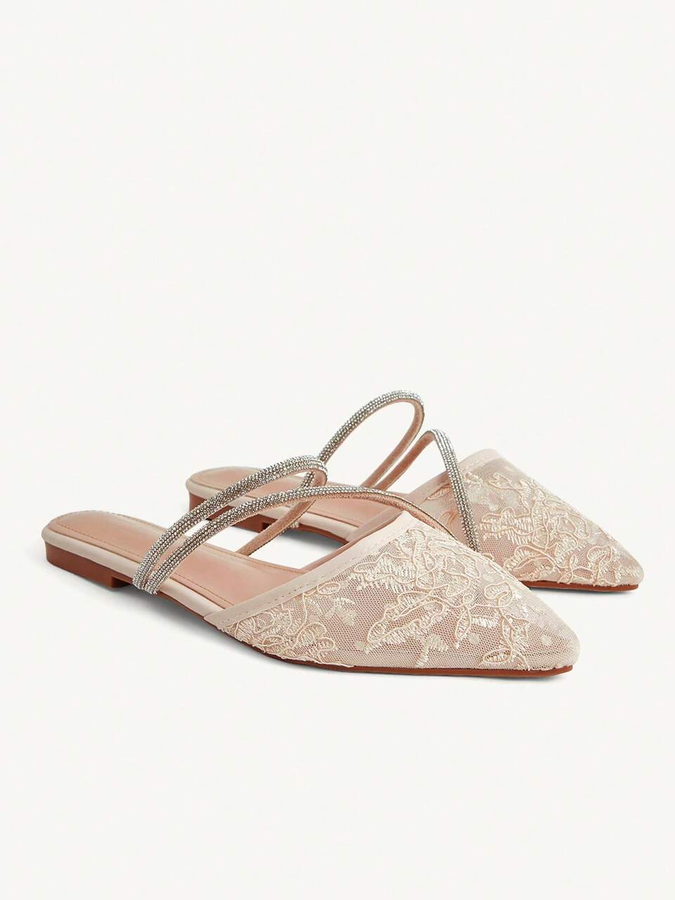 CUCCOO CHICEST Fashion Pink Lace Mesh Rhinestone Strip Women's Flat Mules Shoes Fashion Breathable Cute Sweet Elegant Women's Flat Shoes Slippers