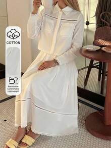 DAZY 春夏女款優雅蕾絲拼接口袋襯衫與裙子兩件套 - 白色 - 查看 1