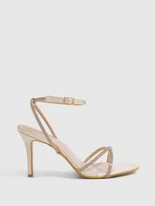 CUCCOO SZL Multi-Colored Rhinestone Cross With Round Toe Thin Heel Buckle Sandals Exquisite Party Style Spring And Summer Models - Champagne - View 2