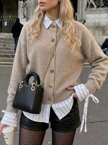 Cévolie Autumn/Winter Luxury French Style Versatile Dropped Shoulder Long Sleeve Knit Cardigan - Khaki - View 3