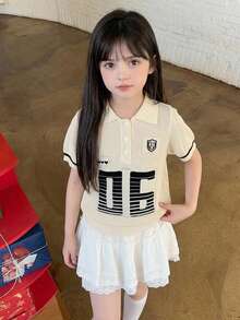 DAZY Loose Fit Collared Letter Polo Short Sleeve Sweater Top For Young Girls' Fall - Beige - View 3