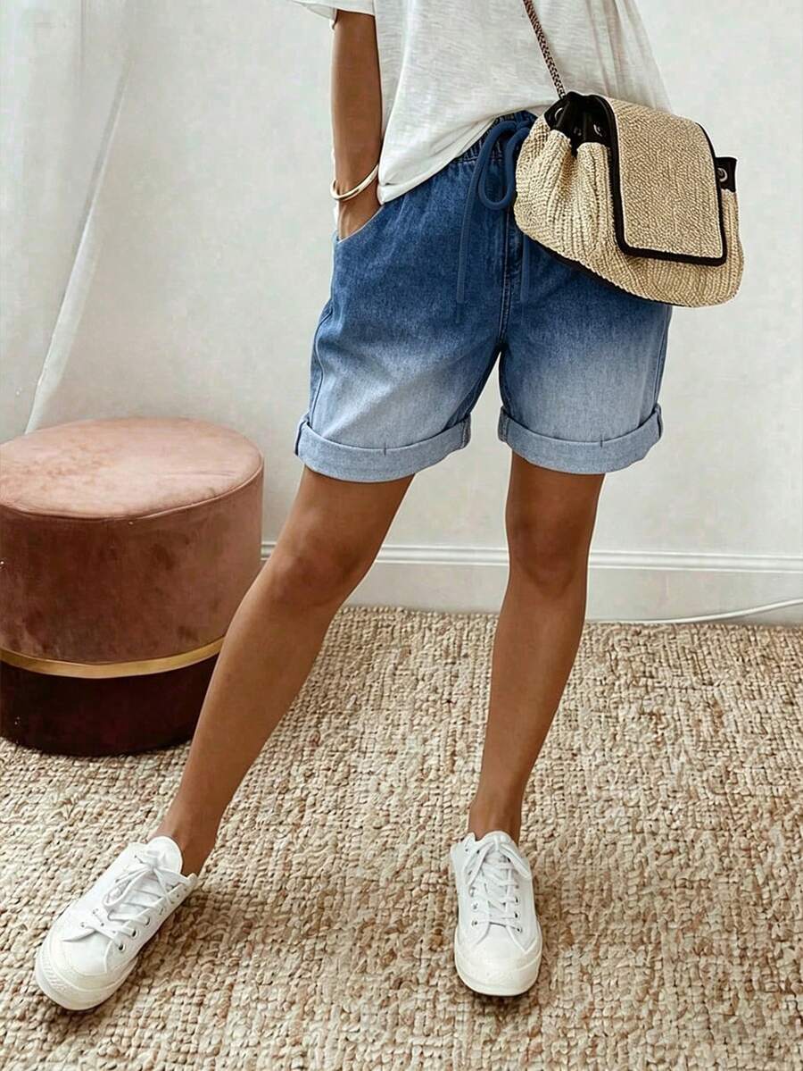 EMERY ROSE Women's Denim Effect Comfortable Breathable Textured Casual Minimalist Shorts For Spring And Summer - Multicolor - View 1