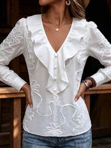 Louniche Blusa casual de vacaciones de unicolor con volantes y flores 3D - Blanco - Ver 5