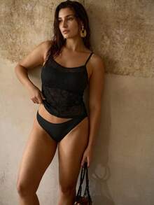 MOTF PREMIUM PLUS SIZE WOMEN'S LACE PATCHWORK SEMI-SHEER TANKINIS TOP, VACATION SWIMWEAR - Black - View 4