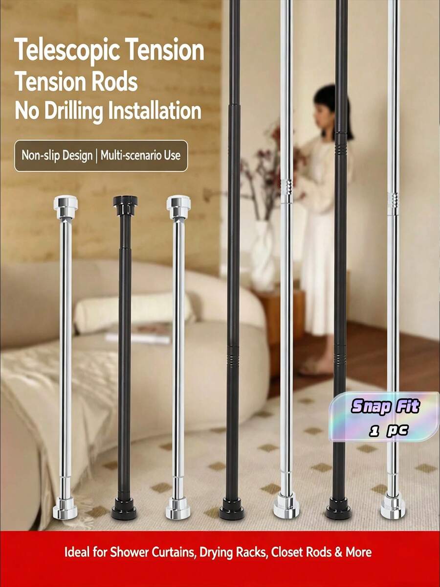 1 pièce Tringle télescopique en acier inoxydable sans perçage, facile à installer, sans besoin de colle, convient pour des endroits tels que les armoires, les salles de bain, les fenêtres, etc.