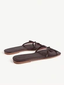 CUCCOO CHICEST Square Toe Bow Flat Bottom Sandals, Simple Belt Design, Casual Open-Toed Slippers For Daily Wear In Summer - Brown - View 4