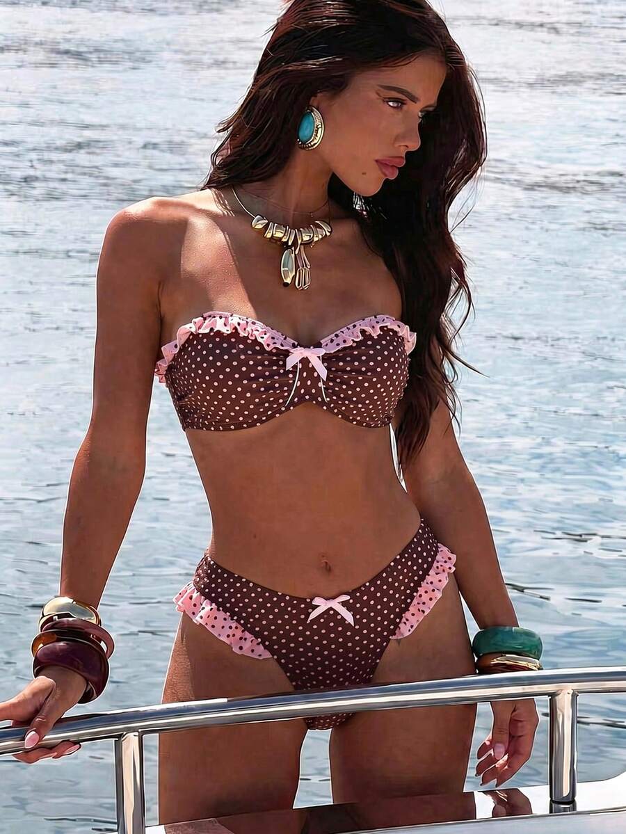 Bonvoyette Polka Dot Print Bikini Set, Bandeau Top With Open Back, Spaghetti Straps, Bow Decor, High Waist Triangle Bottom, Beach Party Brown Summer Sexy - Multicolor - View 1