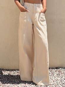 Livesso Women's High-Waist Light Beige Solid Color Patchwork Loose Wide Leg Casual Denim Jeans For Commuting, Summer And Autumn Vacation - Khaki - View 6