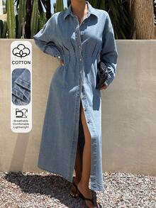 Livesso Summer Autumn Collared Long Sleeve Button-Up Waist-Cinching Light Blue Solid Color Women's Denim Dress Vacation - Blue - View 1
