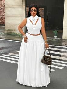 Mawevolt Summer White Design Hollow Lapel Slim Fit Sleeveless Top Pleated High Waist A-Line Long Skirt Plus Size 2 Pieces Set - White - View 3