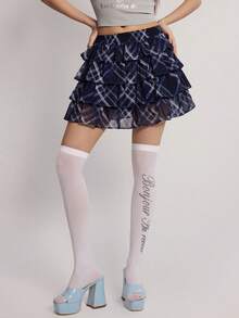 INAWLY 女款格紋百褶休閒百搭日常蛋糕裙 - 藏蓝色 - 查看 6