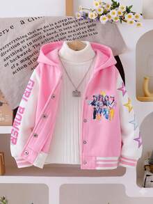 SHEIN 1件少女休閒可愛街頭風粉色長袖連帽外套，女孩團體/星星印花，保暖內裡，適合四季穿著，適用日常/外出/返校/各種場合 - 彩色 - 查看 4