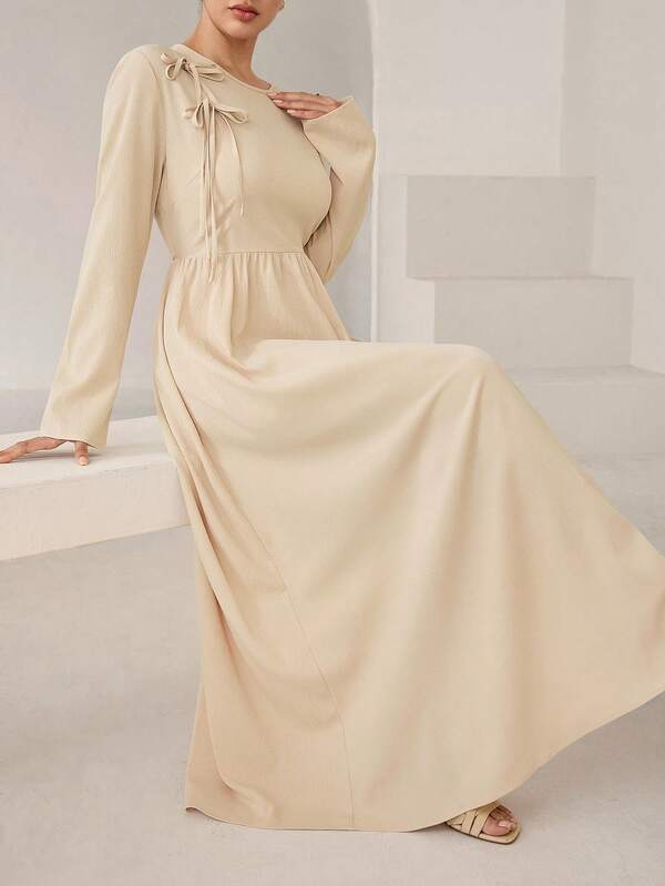 Graceveil Women's Khaki Minimalist Fashion Tie-Up Textured Round Neck Dress