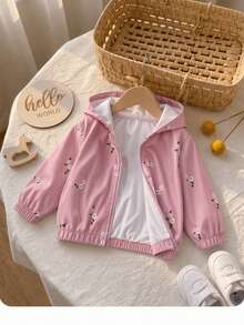 SHEIN Babygirl Cute Casual Pink Floral Pattern Hooded Autumn Winter Jacket - Pink - View 2
