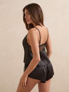 Charlaine Women's Camisole Top & Low Waist Flat Bottom Pants Embroidered Satin Pajama Set, 2 Pieces - Black - View 2