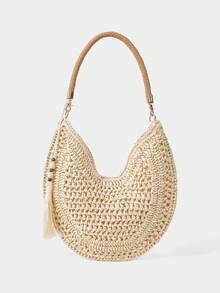 SHECARRY Ladies' Fashionable Beige Shoulder Bag, Hand-Woven Half-Moon Bag, Exquisite Vacation Leisure Versatile, Travel, Beach, Seaside, Bohemian - Beige - View 3