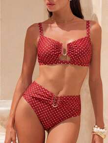 Swim Chiccia 女款紅白色波點比基尼套裝，70年代復古高腰兩件式泳衣，附金色U型裝飾，夏季度假泳池派對穿搭 - 紅色 - 查看 5