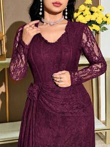 Modelyn 大尺碼女款蕾絲拼接抓皺收腰優雅派對休閒洋裝 - 中紫紅色 - 查看 4