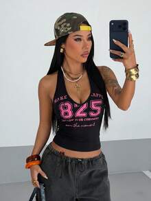 Fiercella Fiercella 女款春夏黃色V領數位大學印花街頭風休閒細肩帶背心，適合度假、音樂節，Y2K辣妹2000年代風格 - 黑色 - 查看 3