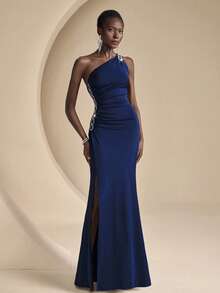 Coutiva Rhinestone Decor Elegant One Shoulder High Slit Bridesmaid Dress - Royal Blue - View 4
