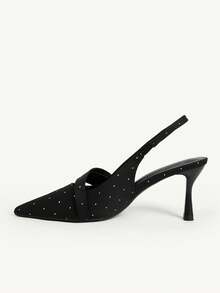 CUCCOO CHICEST Women Shoes Black Canvas Bow Pointed Toe Middle Heel Back Trip Band Women's Shoes Suitable For Daily Commuting Dating Slingback Shoes Fall Shoes - Black - View 4