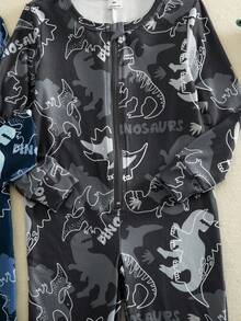 2件組男孩秋/冬款貼身連身睡衣套裝，恐龍印花拉鍊式長袖兒童睡衣套裝 - 彩色 - 查看 6