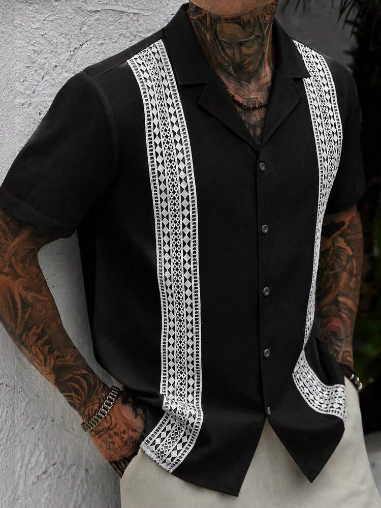 Manfinity CasualCool Camisa de manga corta con cuello de traje casual para hombre maduro - Negro - Añade 3