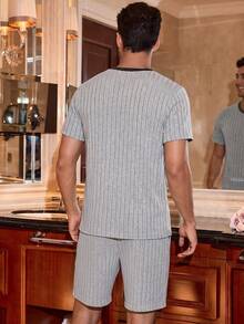 CoupledUp Men's Casual Knit Textured Colorblock Short Sleeve & Shorts Loungewear Set - Grey - View 2