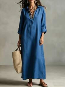 SHEIN Holidaya French Linen Look Chambray Shirt Maxi Dress, Collar Roll Tab Sleeve Side Slit Loose Tunic Dress - Navy Blue - View 3