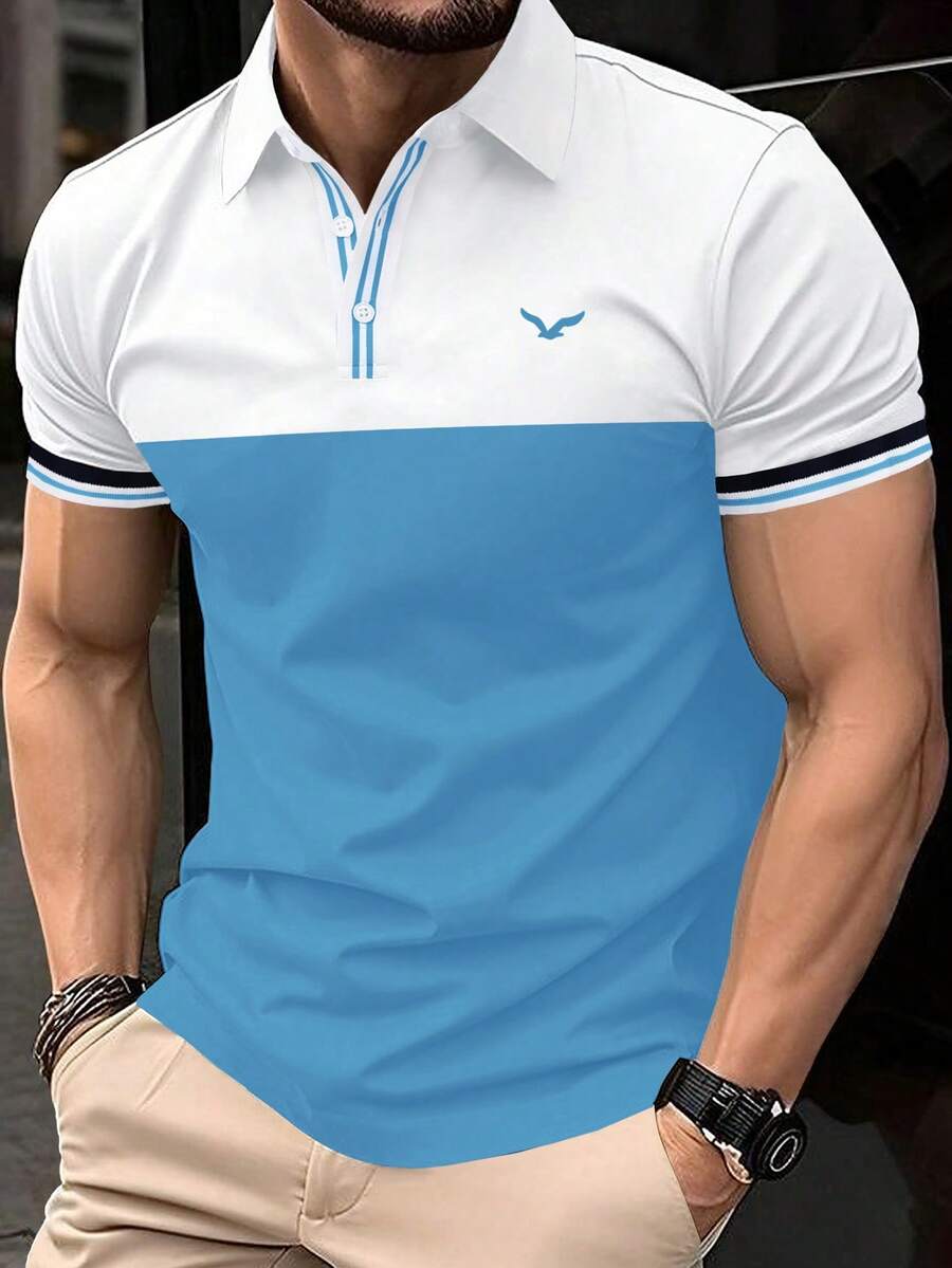 Calvornis 男士短袖拼色領領 Polo 衫,適合居家、外出與聚會 - 彩色 - 查看 1