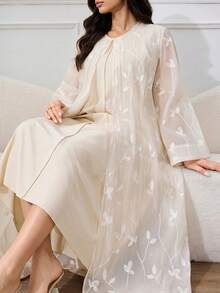 Al Najma Women's Jacquard Round Neck 2 In 1 Arabian Dress - Apricot - View 1