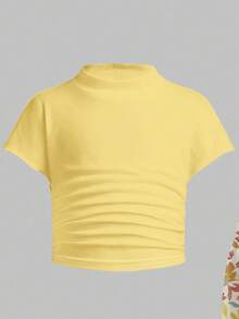 Young Girl Vintage Sweet Lemon Yellow, Pastoral Floral Style, Sister & Matching Outfit, 2pcs/Set: Ruched High Neck Fitted Top Paired With Wide Leg Pants - Multicolor - View 5