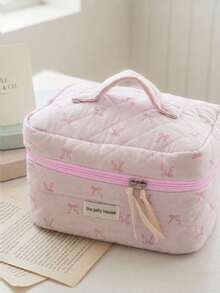 1pc Pink Ribbon Pattern Cosmetic Pouch – Fashionable Travel Organizer For Girls, Large Capacity Multi-Function Storage For Lipstick, Period Products, Coins, Keys, Hair Clips, Hair Ties, Cute Portable Makeup Bag - Pink - View 9