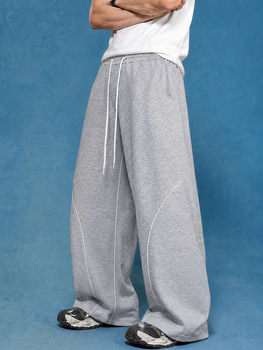 PAVTROS Men's Contrast Color Drawstring Waist Wide Leg Loose Casual Sweatpants - Light Grey - View 1