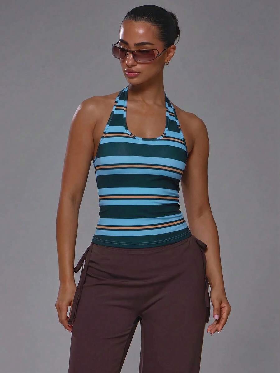 Musera Sport Striped Scoop Neck Fitted Open Back Soft Touch Active Fitted Top Coord Top Only Sport Workout Gym Cute Pilates Fitness Daily - Navy Blue - View 1