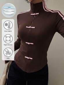Muchica Chaqueta fina de protección solar para mujer, estilo deportivo de punto, con diseño de cinta y botones de rana, nueva para primavera/verano - Café integral - Ver 6