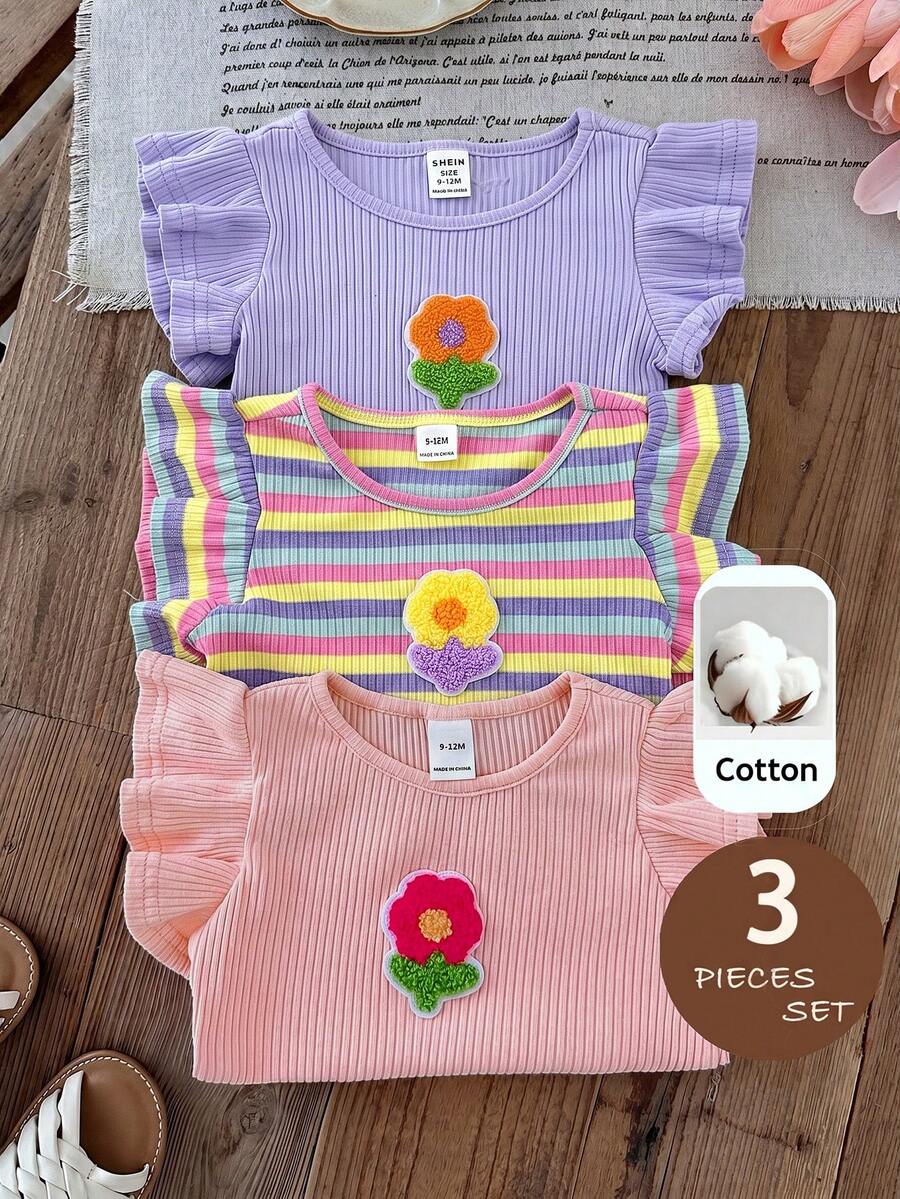 LMoss Kids Baby Girl 3pcs Knitted Solid Color Striped 3D Floral Round Neck Tank Tops - Mauve Purple - View 1