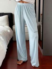 Livesso Women's Elastic Waist Letter Print Casual Daily Loungewear Bottoms Fall - Blue - View 3