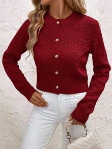 SHEIN Clasi Cárdigan de punto calado con hombros caídos talla grande - Rojo - Ver 14