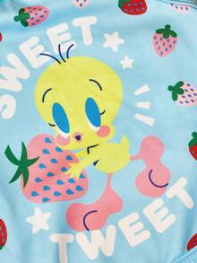 LOONEY TUNES X PETSIN 1件可愛黃色小鳥拿草莓星星草莓字母印花寵物背心，配色款，柔軟透氣，防掉毛無袖寵物衣服 - 彩色 - 查看 4