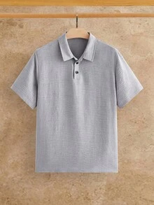 HIMLAND 男士純色短袖 Polo 衫搭配抽繩腰長褲休閒日常套裝 - 淺灰色 - 查看 9